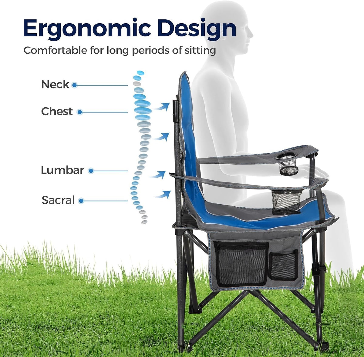 Folding Camping Chair Heavy Duty 160kg High Back Cup Holders Blue Carry Bag