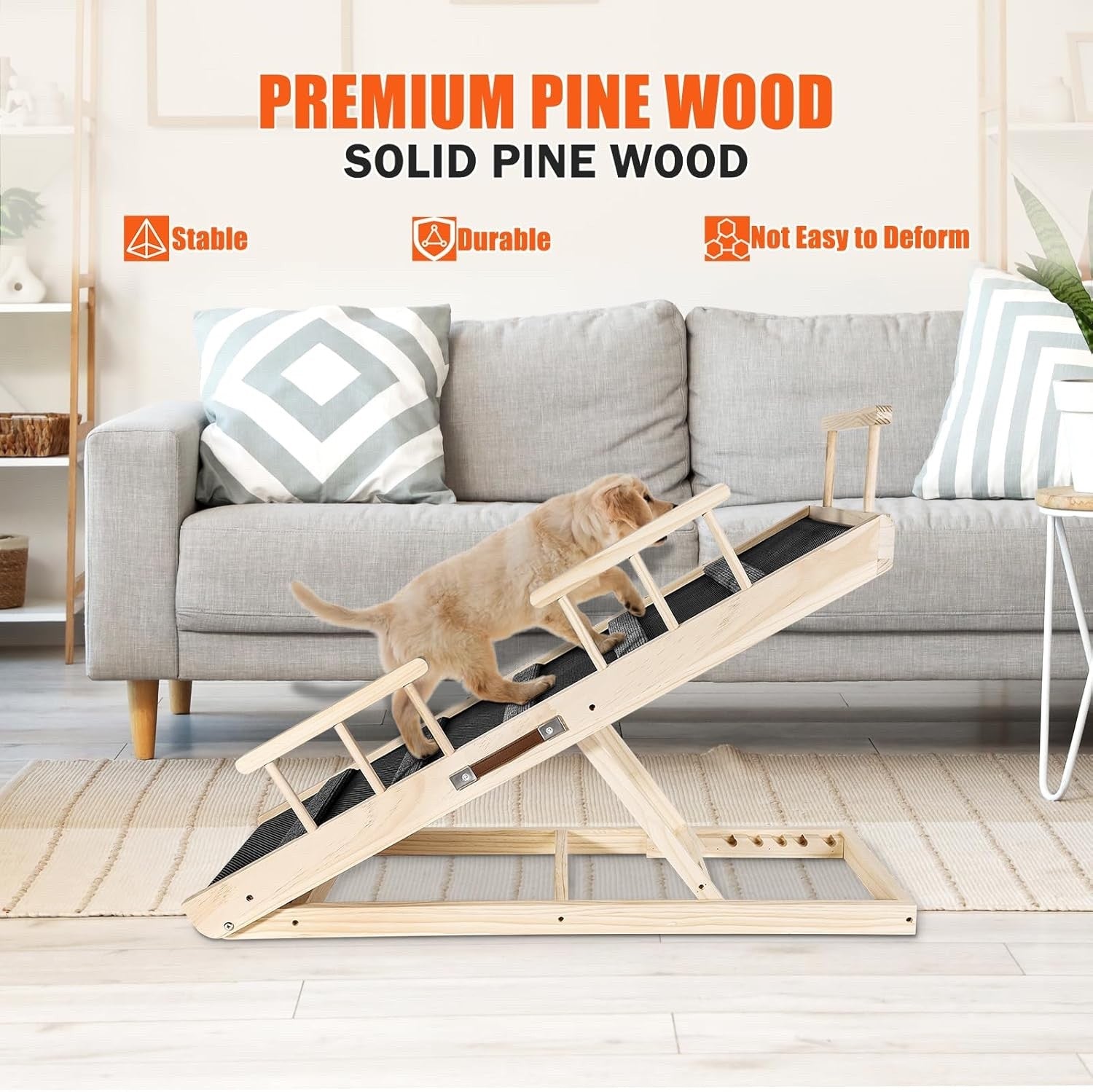 Adjustable Wooden Pet Dog Ramp Non-Slip Rubber Surface for Bed Sofa Car – Brown