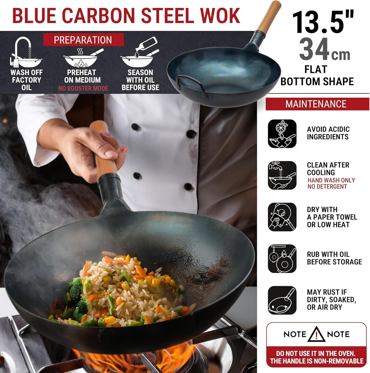 Wok Pan Carbon Steel 34cm Blue Flat Bottom Pre Seasoned Chinese Stir Fry Cooking