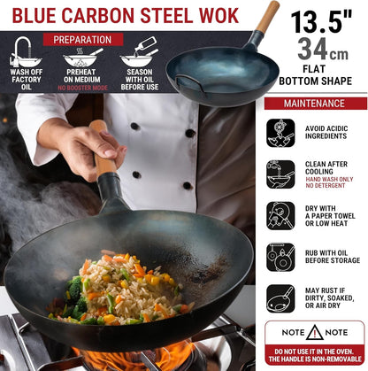 Wok Pan Carbon Steel 34cm Blue Flat Bottom Pre Seasoned Chinese Stir Fry Cooking