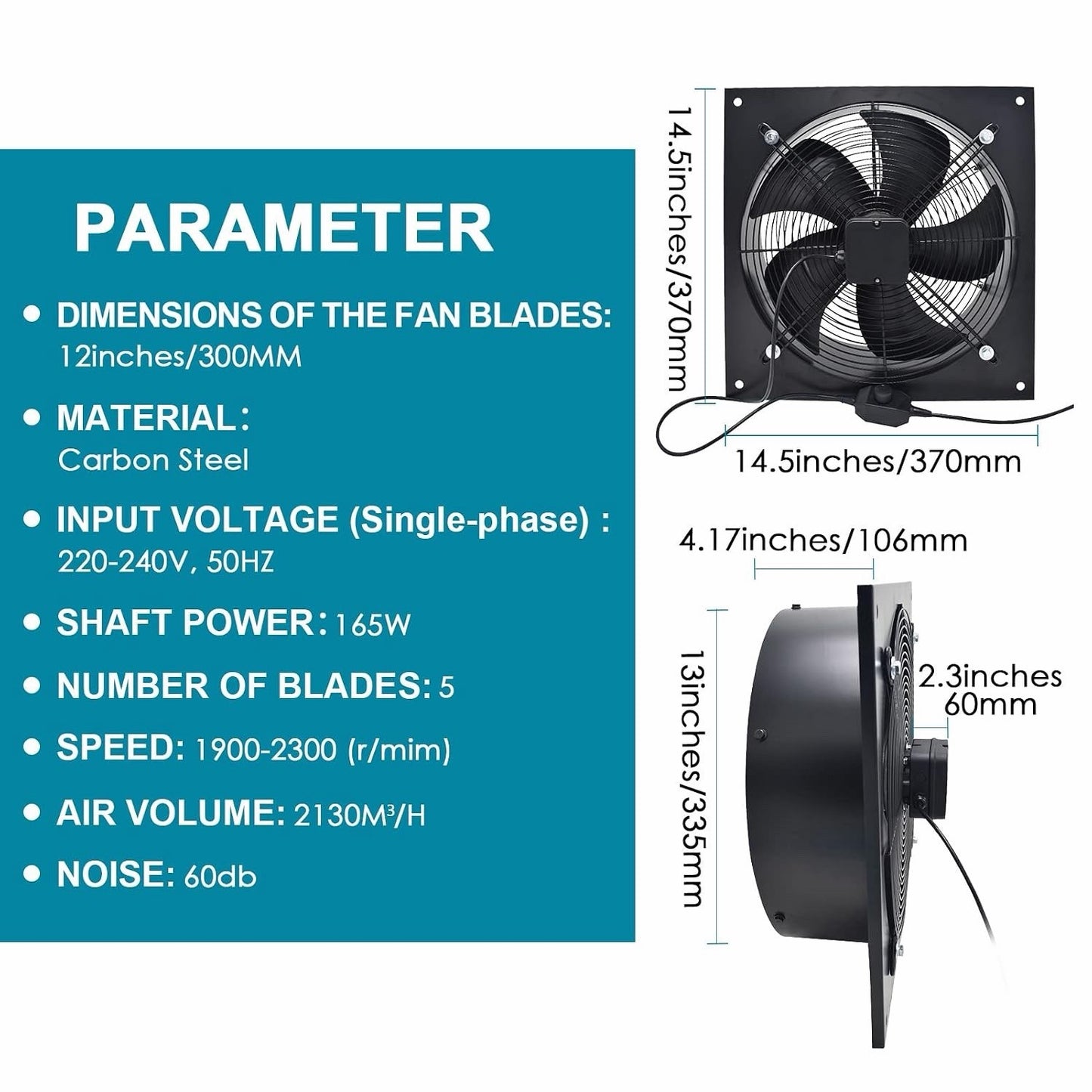 Industrial Axial Extractor Fan 300mm 12in 165W 2130m3/h Speed Controller 240V