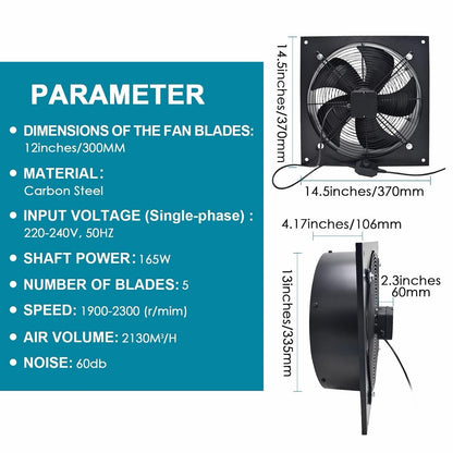 Industrial Axial Extractor Fan 300mm 12in 165W 2130m3/h Speed Controller 240V