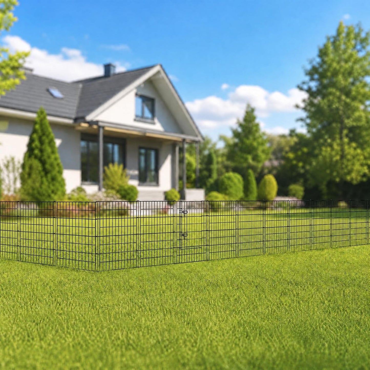 Metal Garden Fence Panels 4Pc Gate Black No Dig Pet Barrier Outdoor 3.5m 101cm