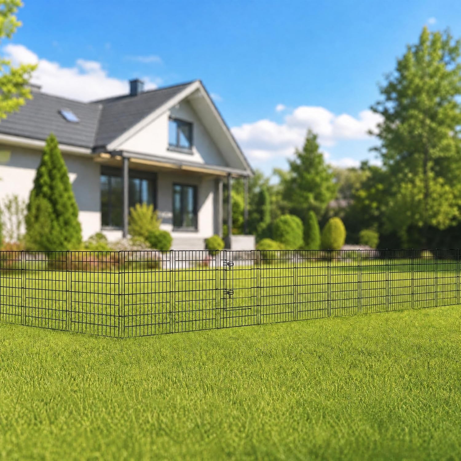 Metal Garden Fence Panels 4Pc Gate Black No Dig Pet Barrier Outdoor 3.5m 101cm