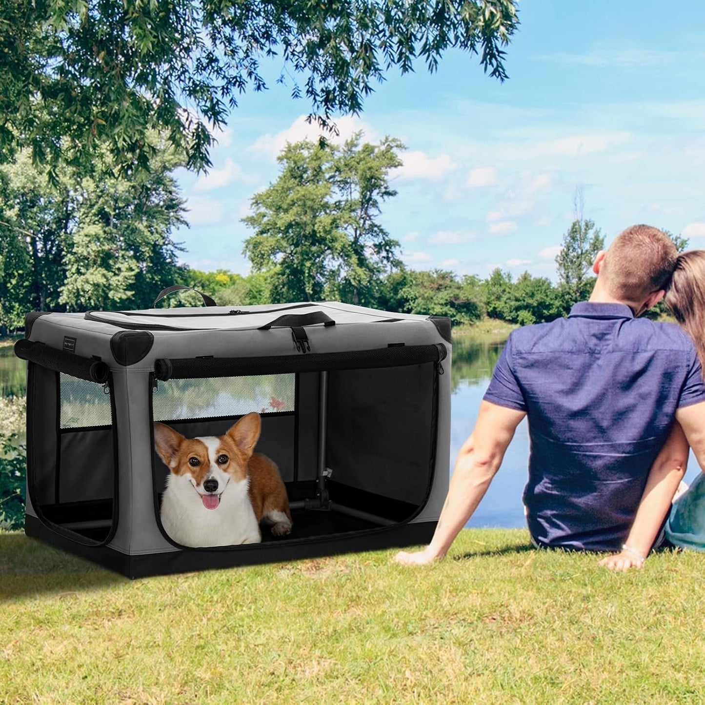 Dog Crate Foldable Travel Pet Cage Medium Soft 76x50x49cm 3 Door Grey Fabric