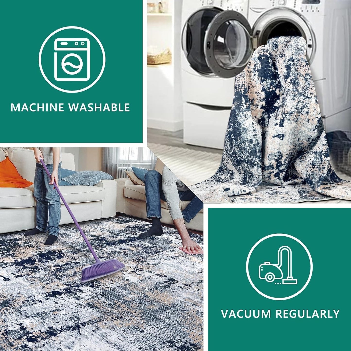 Large Area Rug Carpet 200x300cm Navy Blue Abstract Washable Non Slip Low Pile
