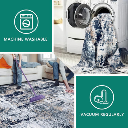 Large Area Rug Carpet 200x300cm Navy Blue Abstract Washable Non Slip Low Pile