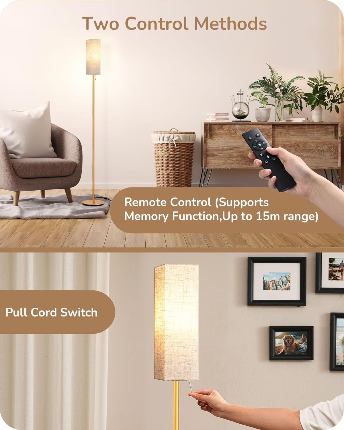 EDISHINE Floor Lamp Standing Lamp with Square Linen Lampshade Gold