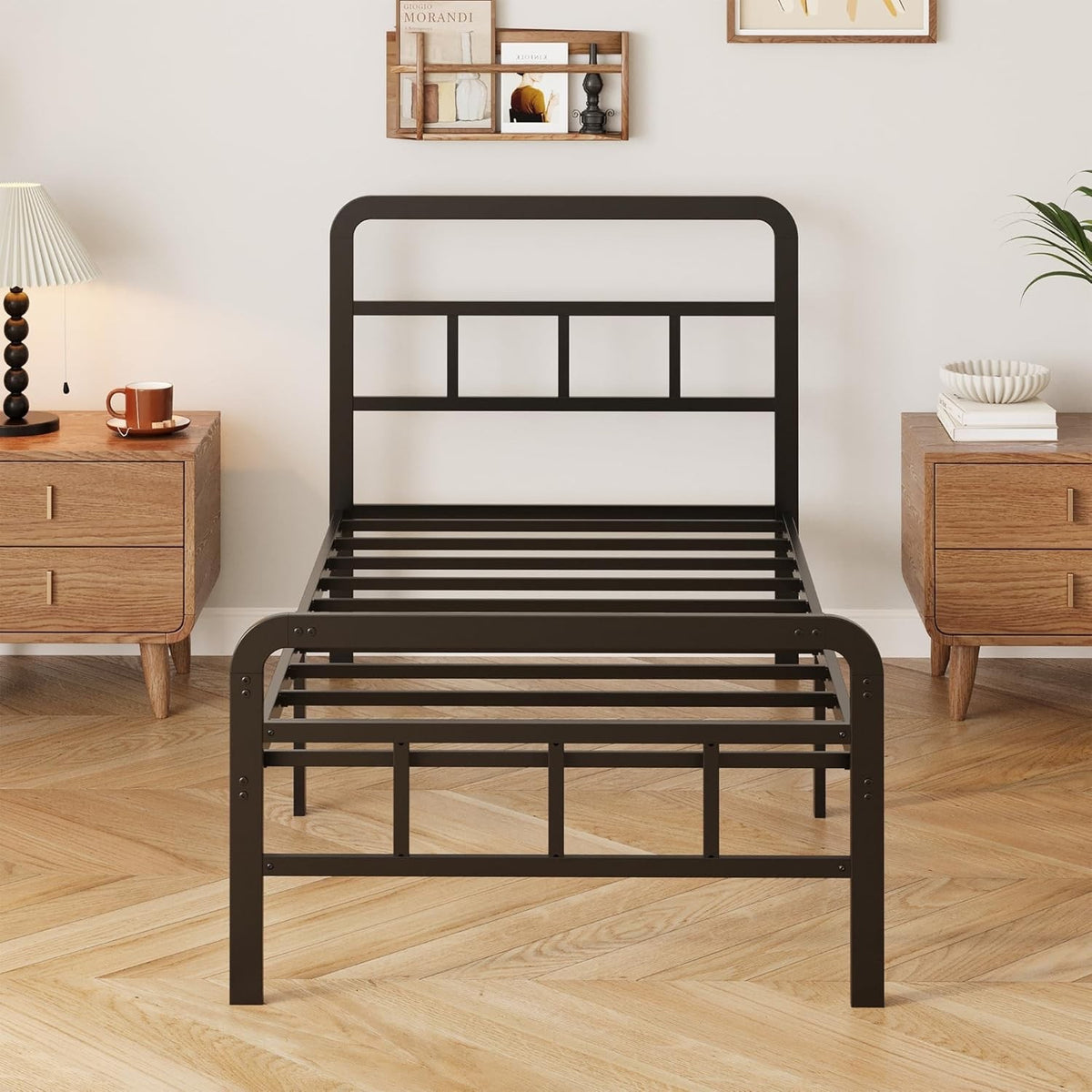Single Bed Frame Metal 3ft 90x190cm Headboard Footboard Slats 36cm Height Black