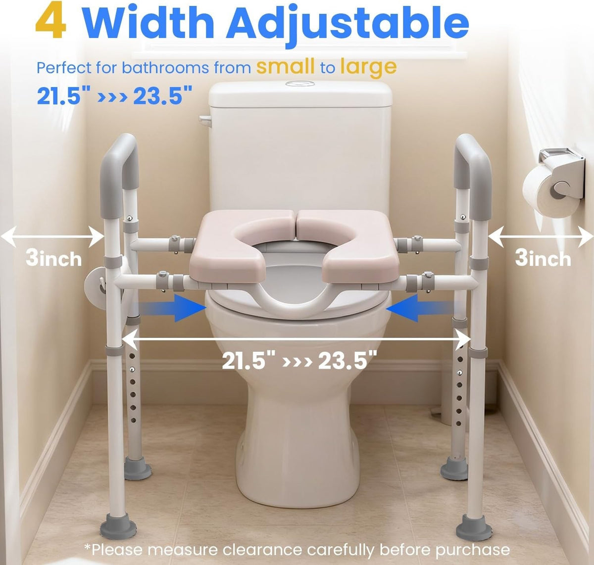 Raised Toilet Seat Riser with Handles Adjustable Height Width Padded Elderly WC