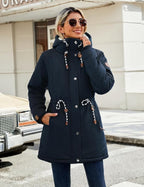 Womens Winter Parka Jacket Fleece Lined Hooded Thermal Coat Navy Blue L