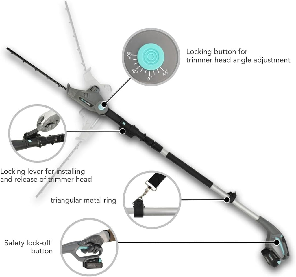 Cordless Telescopic Hedge Trimmer Long Reach 2x 2.0Ah Batteries Adjustable