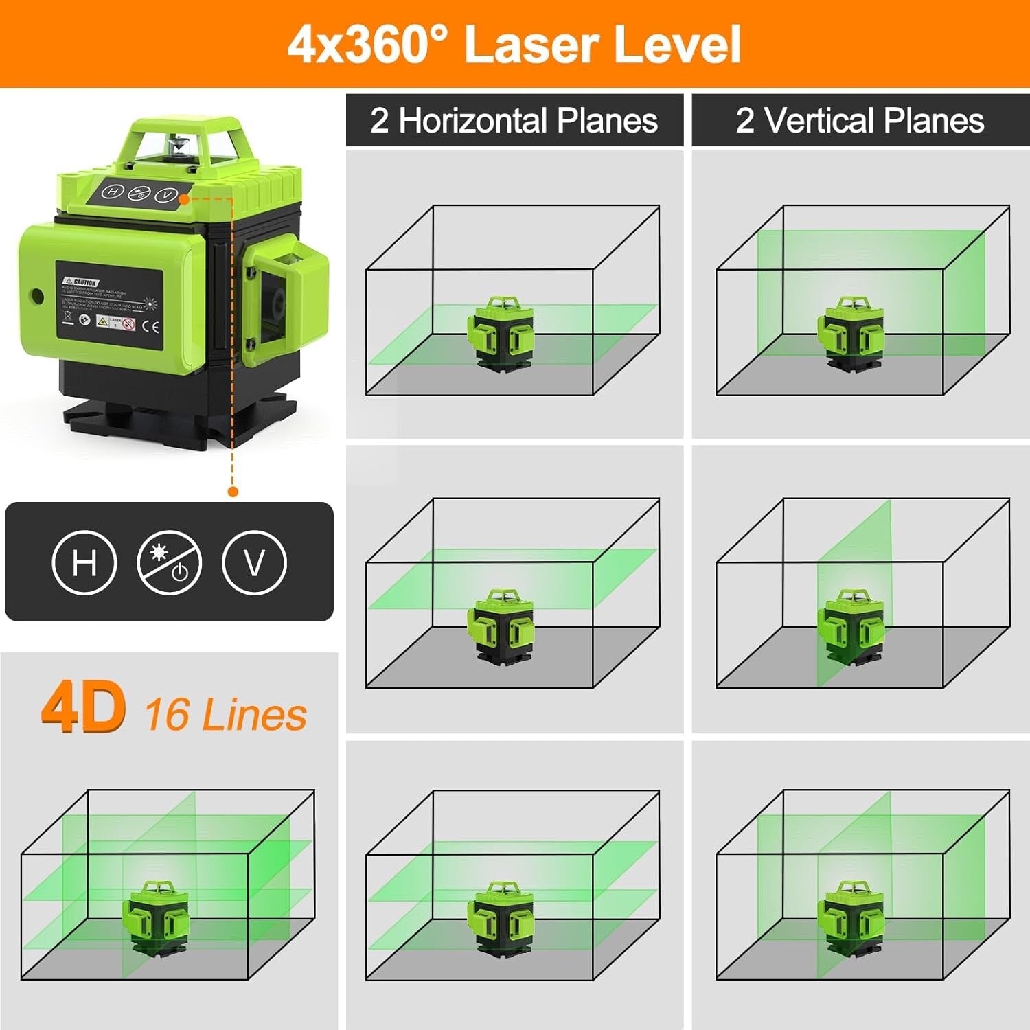 IMAYCC 3D Green Laser Level Self Level 16 Lines Cross Line Tool Indoor Outdoor