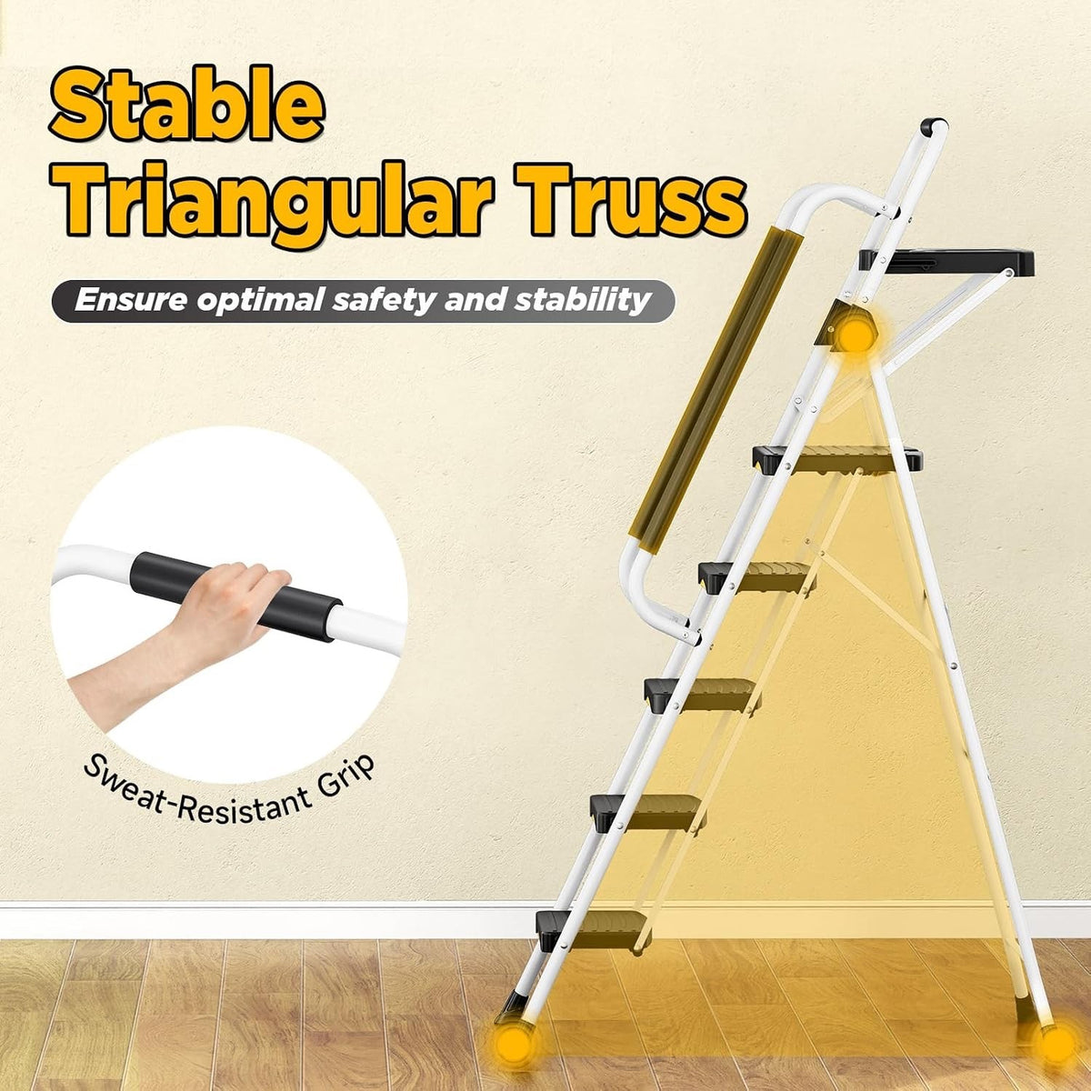 Folding Step Ladder 5 Step Heavy Duty 150kg Steel with Tool Tray Handrail Lock