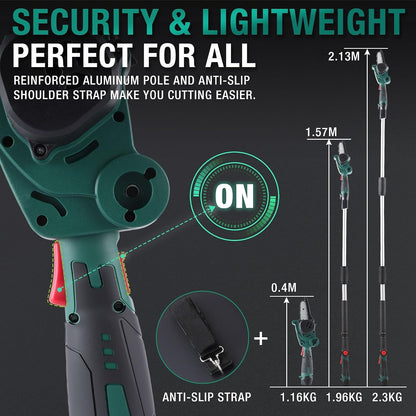 Cordless Pole Saw Chainsaw 4 Inch Mini Electric Pruner 13FT Reach 2x2Ah Battery