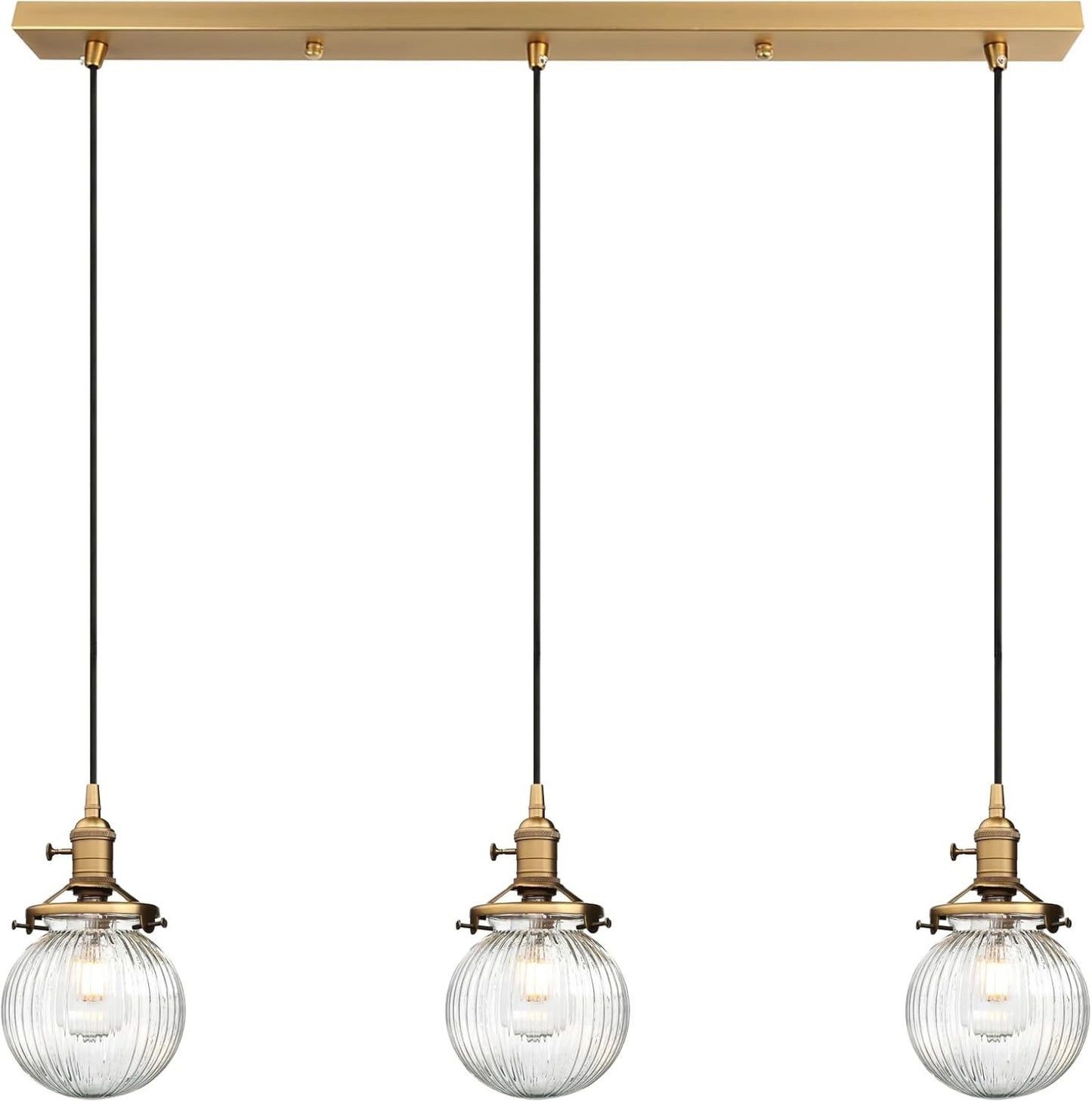 Industrial Pendant Ceiling Light 3 Head Ribbed Glass Antique Gold E27 Hanging