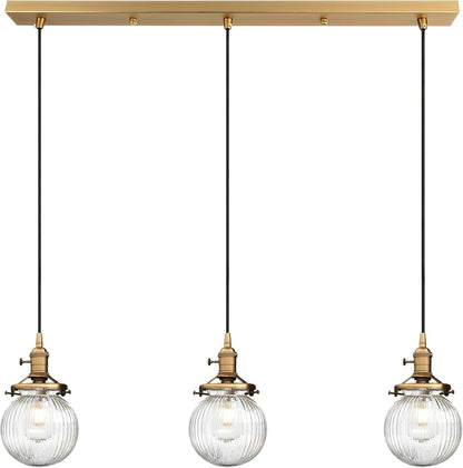 Industrial Pendant Ceiling Light 3 Head Ribbed Glass Antique Gold E27 Hanging