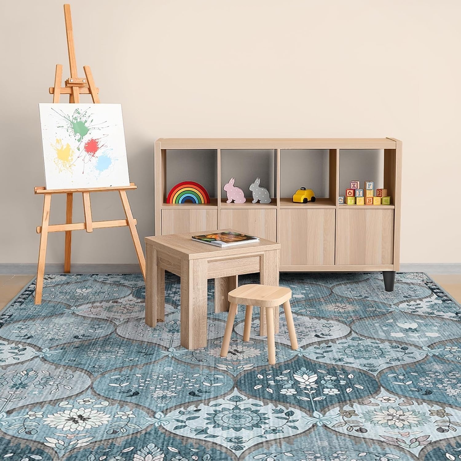 Washable Vintage Rug Large Blue Floral Non Slip Living Room Carpet 200x300cm