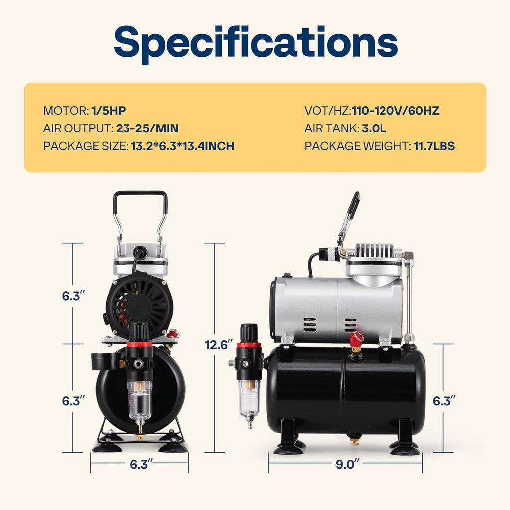 1/5HP Airbrush Kit 3L Tank Compressor 0.3mm Dual Action Gravity Feed