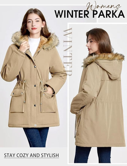 Womens Parka Jacket Coat Winter Waterproof Fleece Lined Hooded Khaki XL