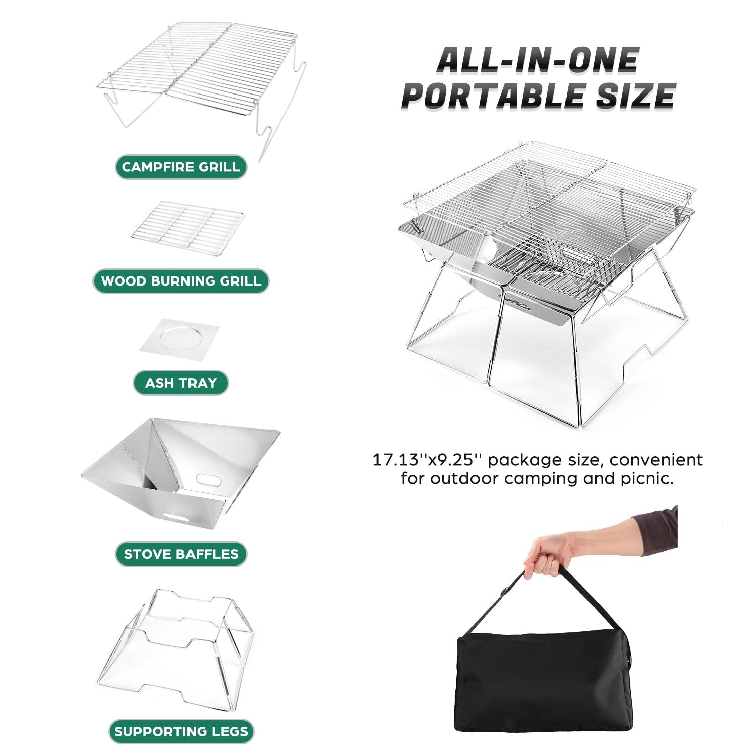 Odoland XL Portable Collapsible Campfire Grill Fire Pit Stainless Steel Outdoor