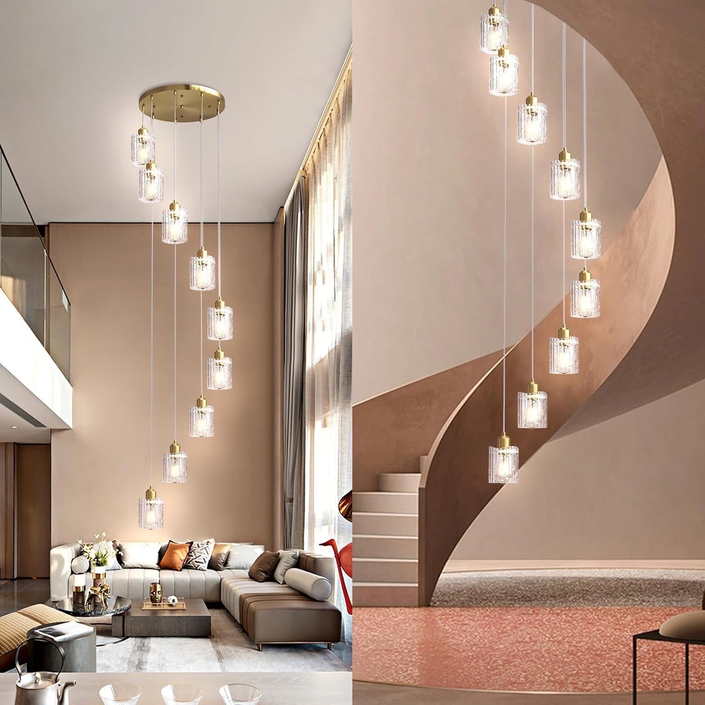 Modern Gold Chandelier 9 Light Glass Pendant E27 Adjustable 220cm Ceiling Lamp