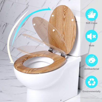 Toilet Seat Wooden Oak Soft Close Oval Quick Release Adjustable Hinges Bathroom