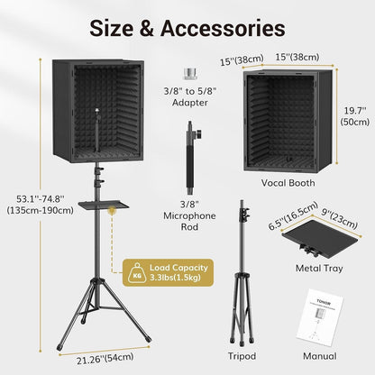 Microphone Isolation Shield Studio Vocal Booth Acoustic Foam Tripod Stand 190cm