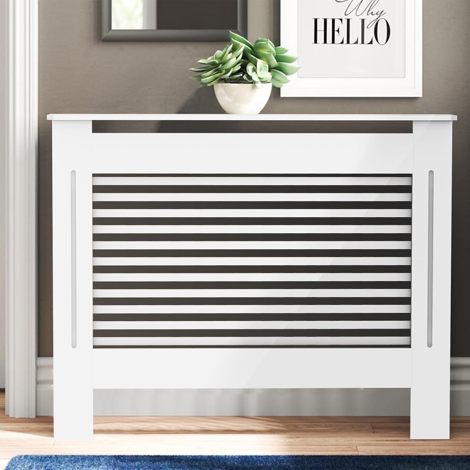 White MDF Radiator Cover 100cm Tall Modern Slatted Heater Cabinet Shelf
