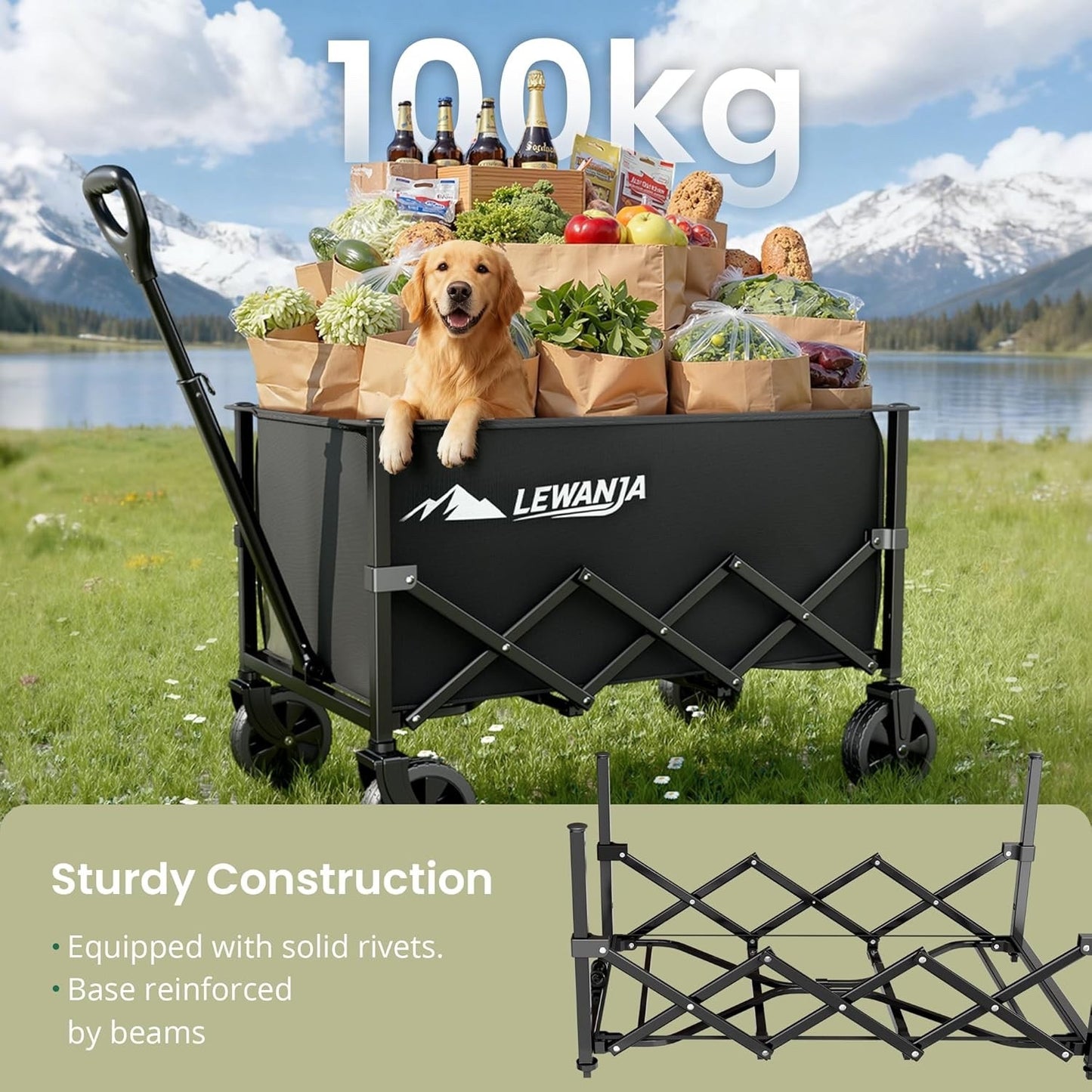 Folding Wagon Cart 100L Heavy Duty Garden Trolley Collapsible Shopping Black