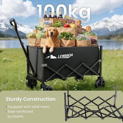 Folding Wagon Cart 100L Heavy Duty Garden Trolley Collapsible Shopping Black