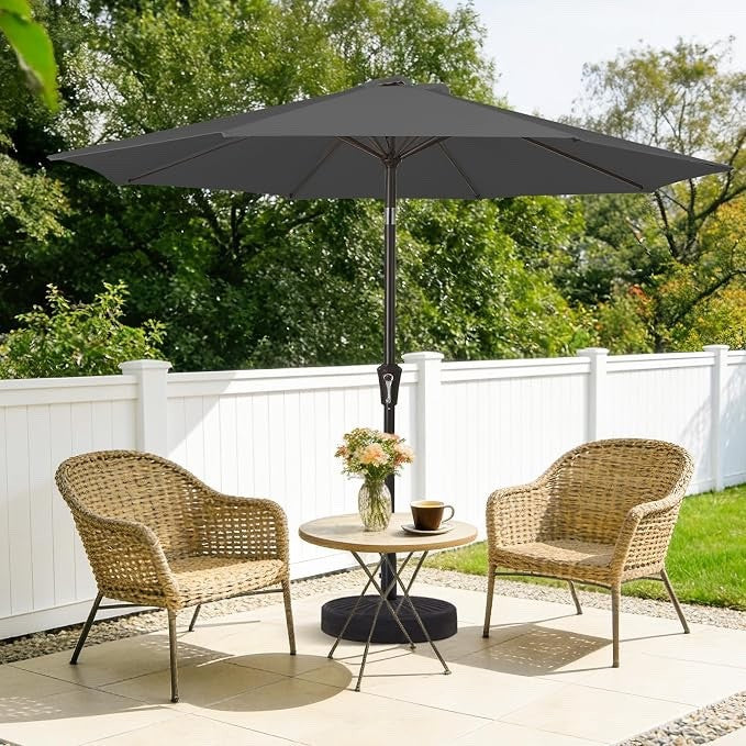 Garden Parasol 2.7m Grey Patio Umbrella UPF50+ Tilt Steel 8 Rib UV Sun Shade