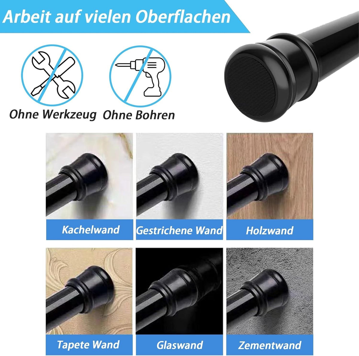 Tension Curtain Pole No Drill 115-410cm 32mm White Extra Long Shower Clothes