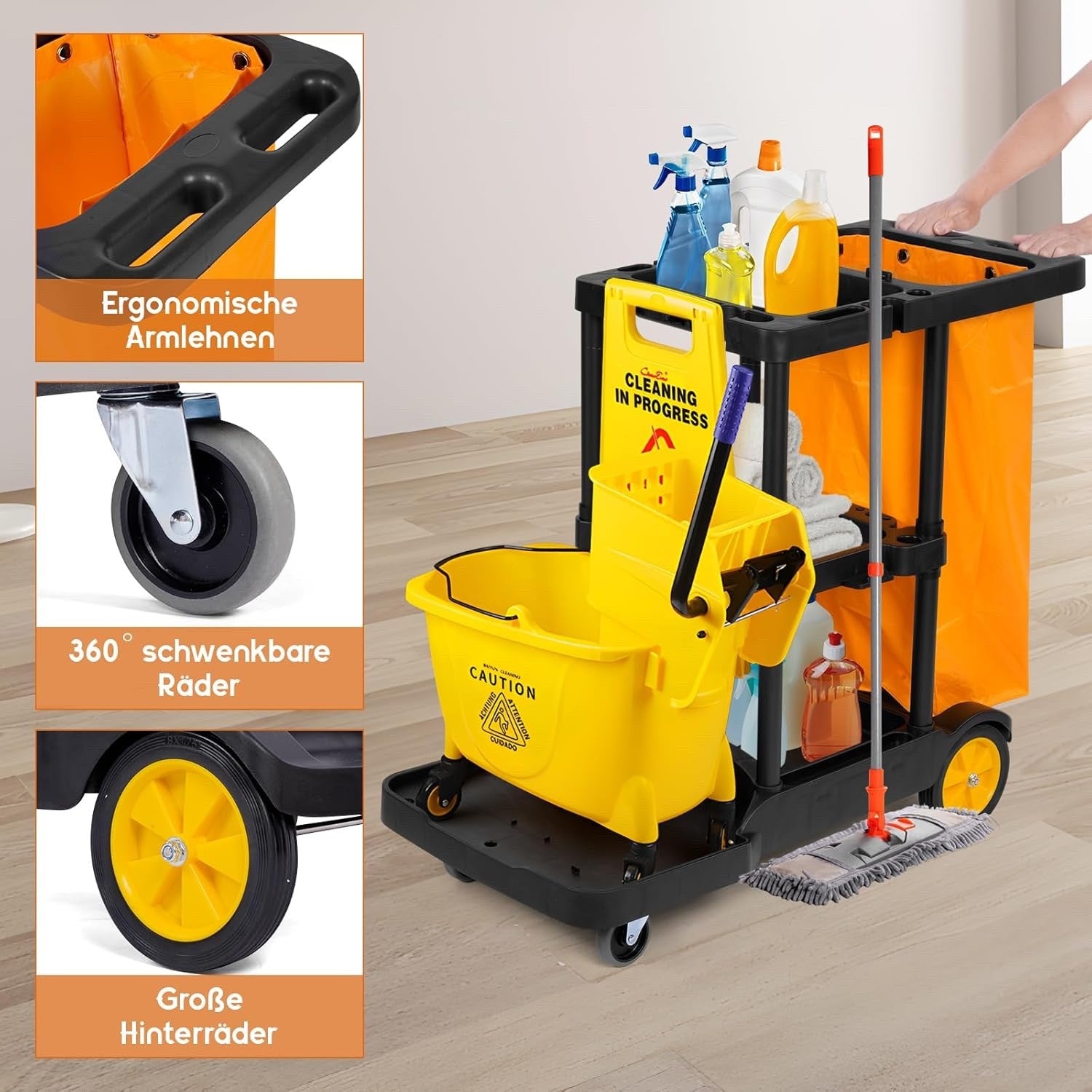 Large Janitorial Cleaning Cart Trolley Housekeeping Utility w/ Swivel Wheels