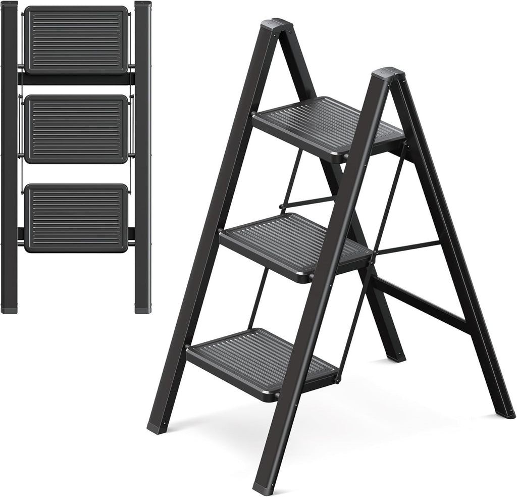 3 Step Folding Ladder Stool Adult Heavy Duty Widened Pedal Non-Slip Black