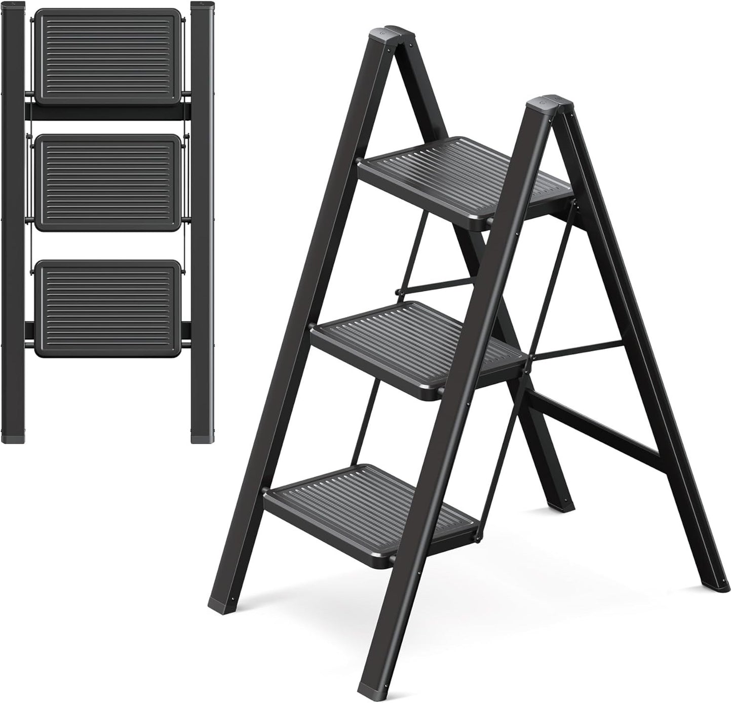 3 Step Folding Ladder Stool Adult Heavy Duty Widened Pedal Non-Slip Black