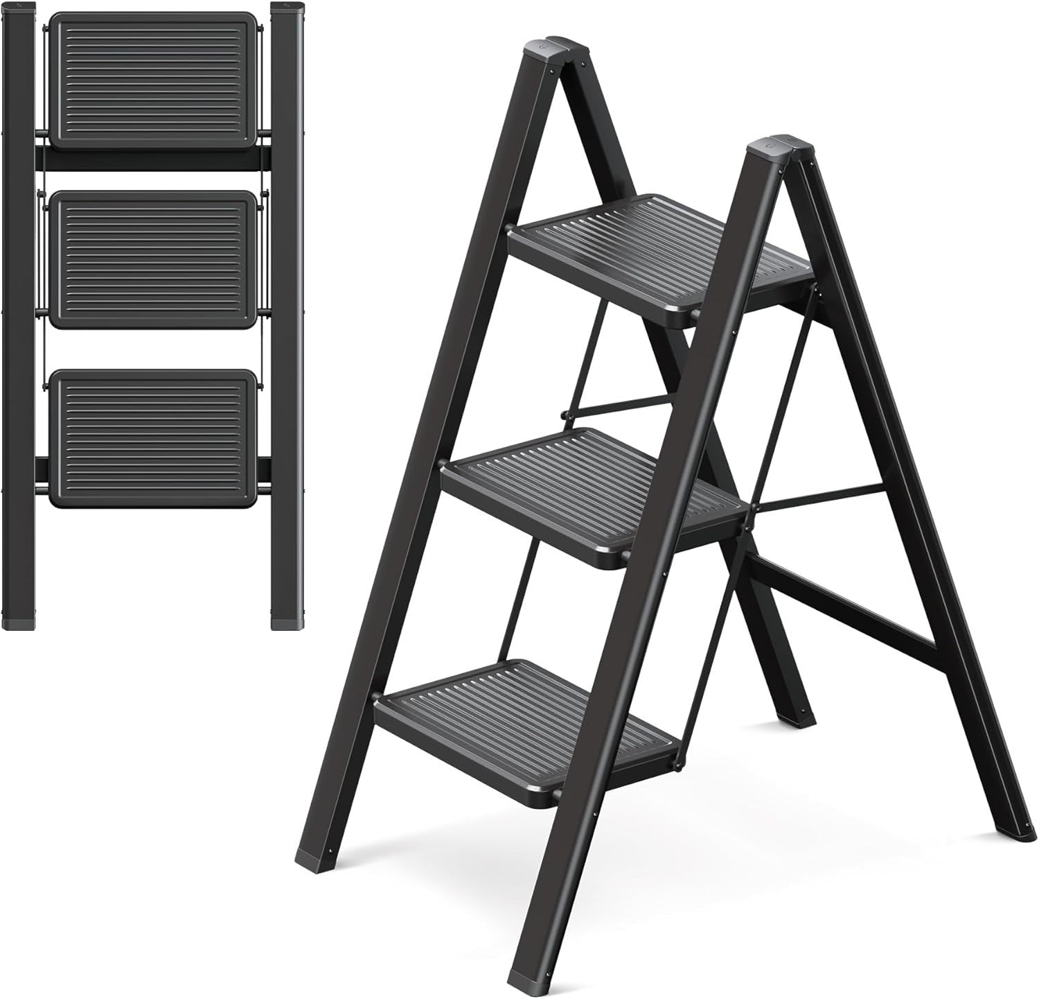 3 Step Folding Ladder Stool Adult Heavy Duty Widened Pedal Non-Slip Black