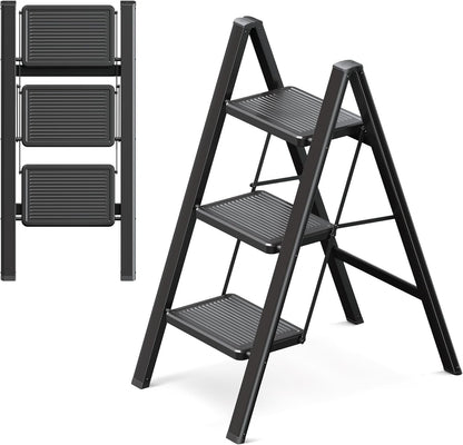 3 Step Folding Ladder Stool Adult Heavy Duty Widened Pedal Non-Slip Black