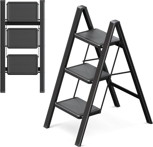 3 Step Folding Ladder Stool Adult Heavy Duty Widened Pedal Non-Slip Black