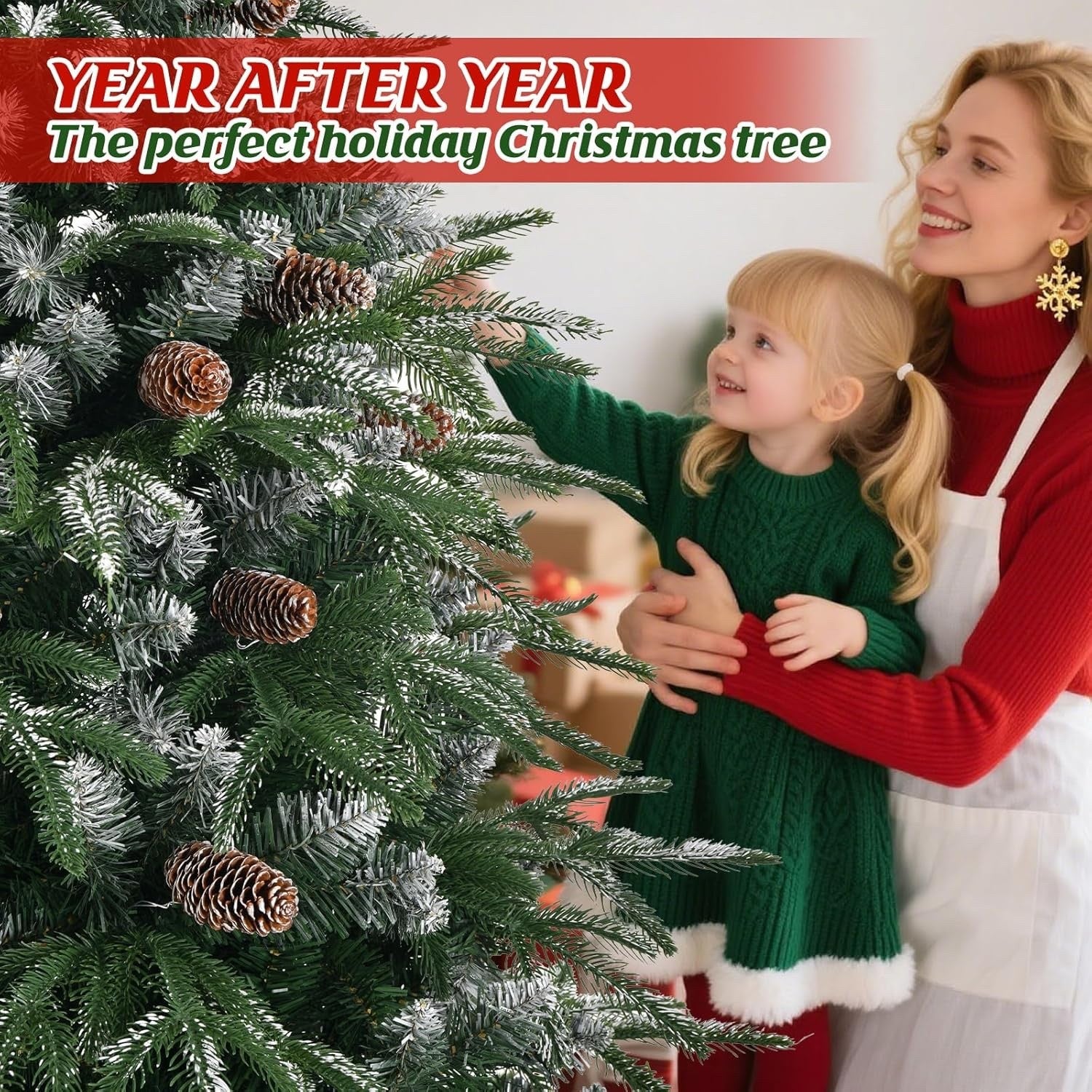 180cm Snow Flocked Artificial Christmas Tree PE PVC Pinecones Wood Stand