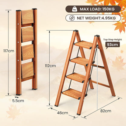 4 Step Ladder Folding Stool Carbon Steel Anti-Slip Wide Pedals 150kg Woodgrain