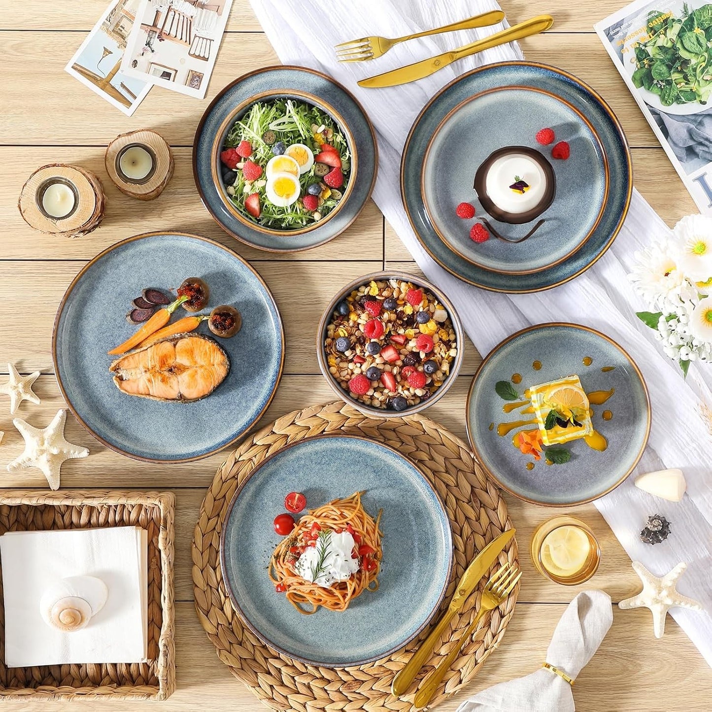 Dinner Plates Bowls Set 18 Piece Stoneware Service For 6 Lavender Blue Crockery