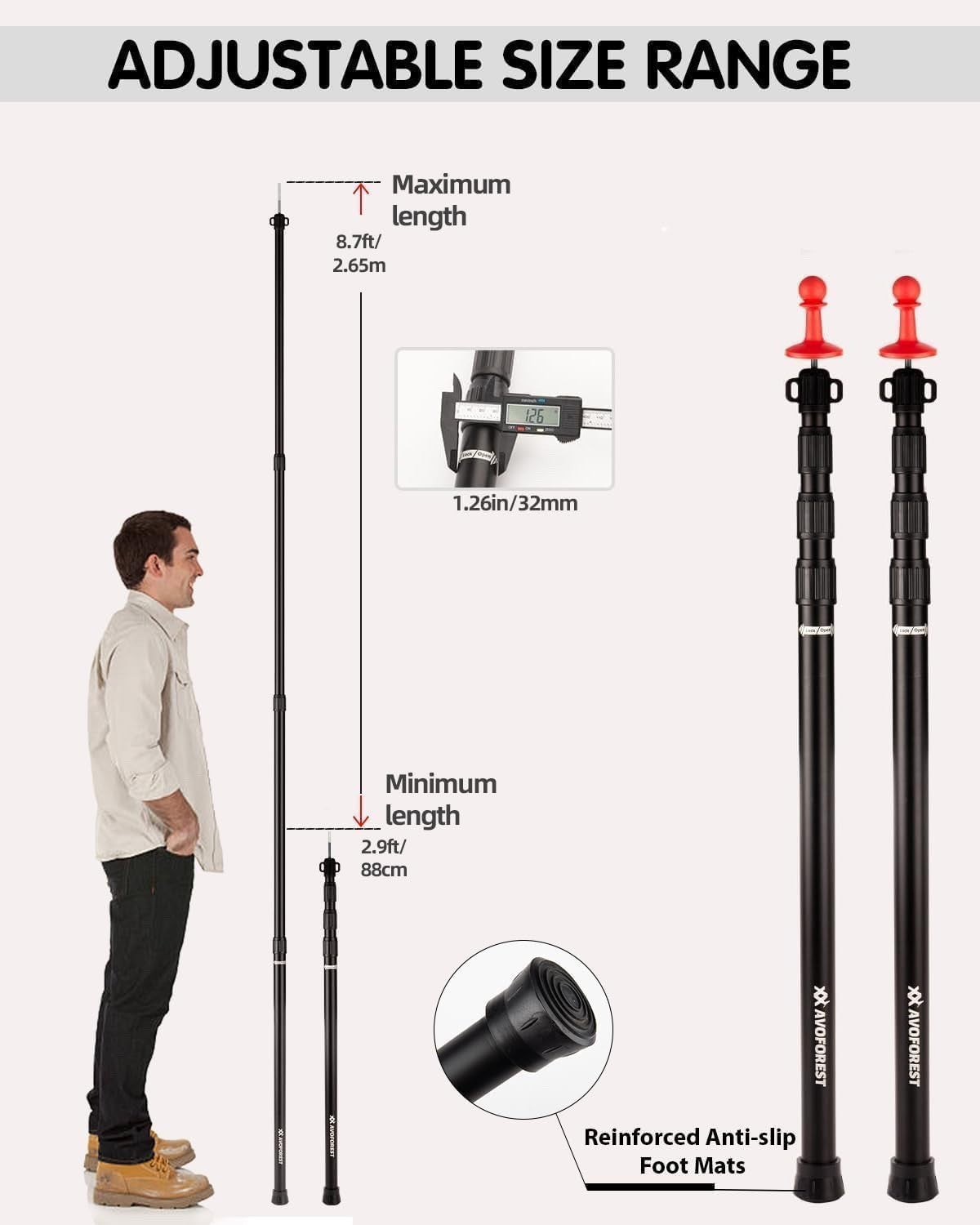 Tent Poles Telescoping Tarp Aluminum 8.7FT Adjustable Set 2 Camping Hiking Black