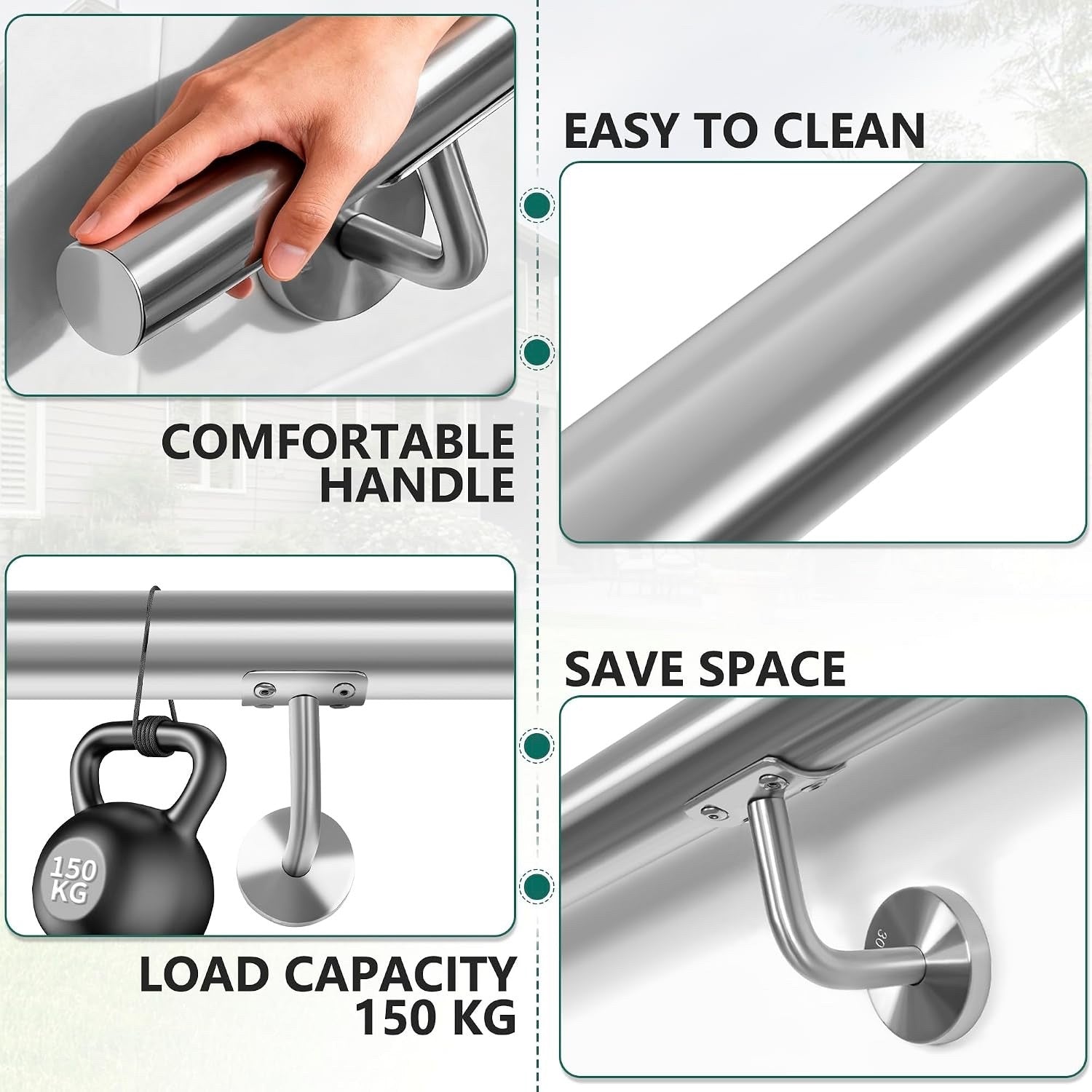 Stainless Steel Handrail 350cm Stair Banister Rail Wall Mount 6 Brackets Silver