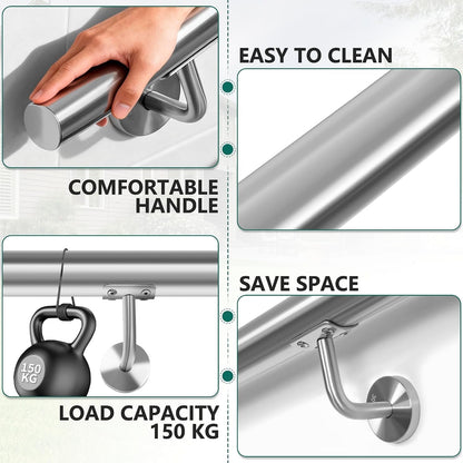 Stainless Steel Handrail 350cm Stair Banister Rail Wall Mount 6 Brackets Silver
