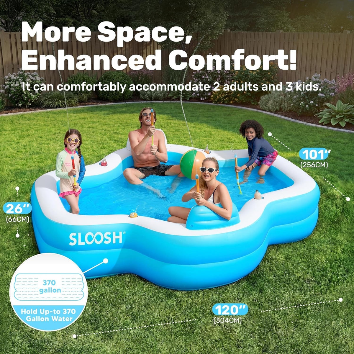 Inflatable Family Swimming Pool 120x101x26in 370 Gallon Bench Seat Cup Holders