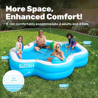 Inflatable Family Swimming Pool 120x101x26in 370 Gallon Bench Seat Cup Holders
