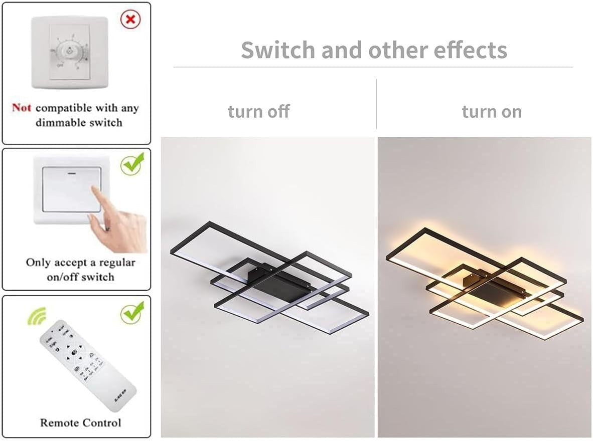LED Ceiling Light Chandelier 70W 110cm Black Dimmable 3 Square Remote Control