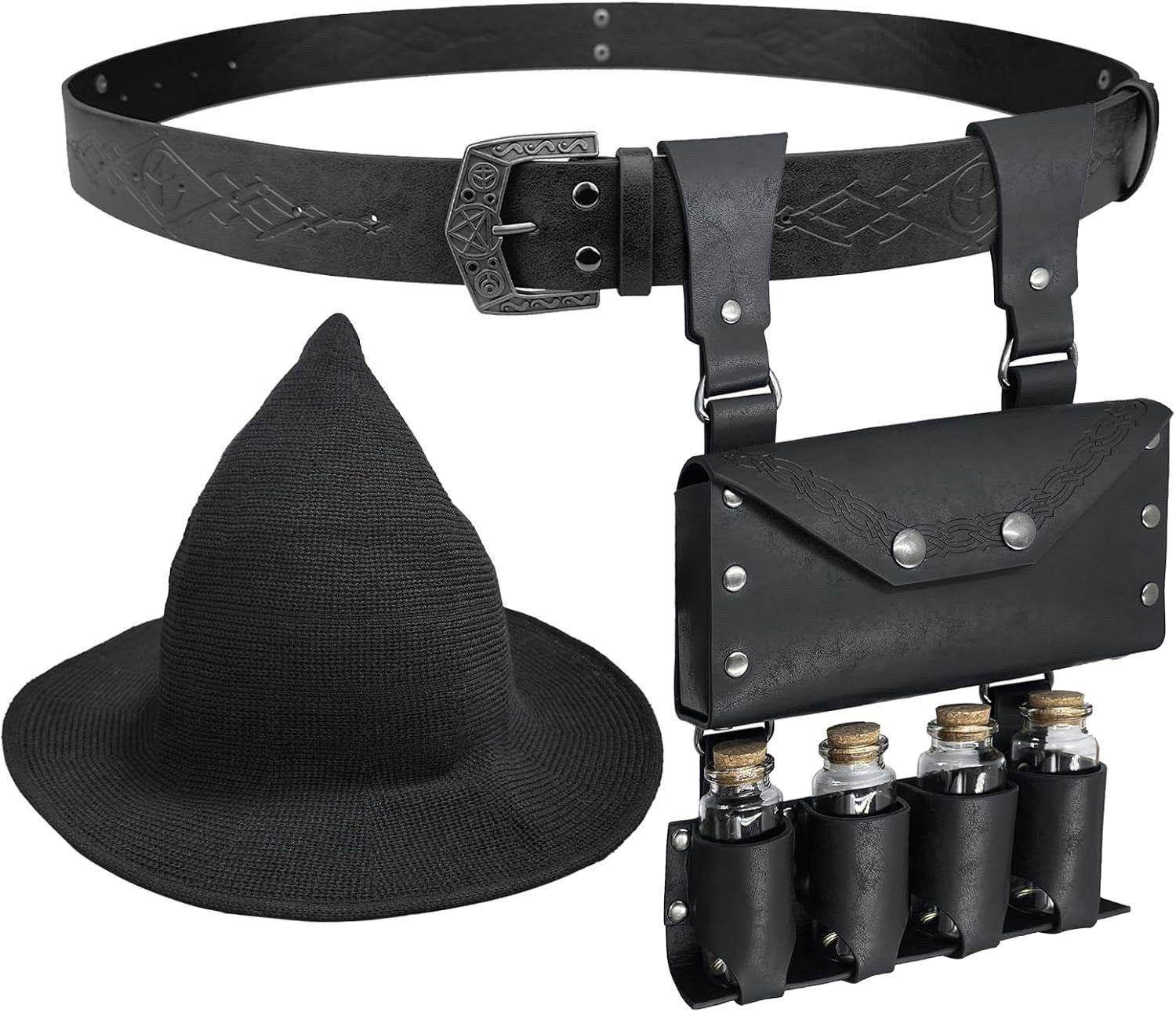Witch Hat Belt Pouch Potion Vials Set Medieval Alchemy Cosplay Ren Faire 3PC