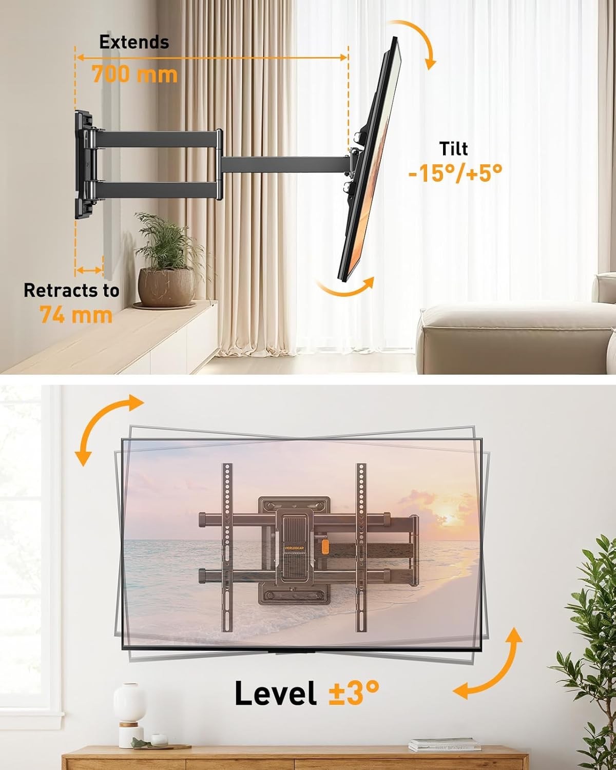 TV Wall Mount Bracket 32-65 Inch Full Motion 60kg 700mm Arm VESA 400x400 Swivel